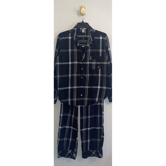 Victorias Secret 2 Piece Flannel Plaid PJs Pajamas LS Womens M Medium Black - Picture 2 of 5
